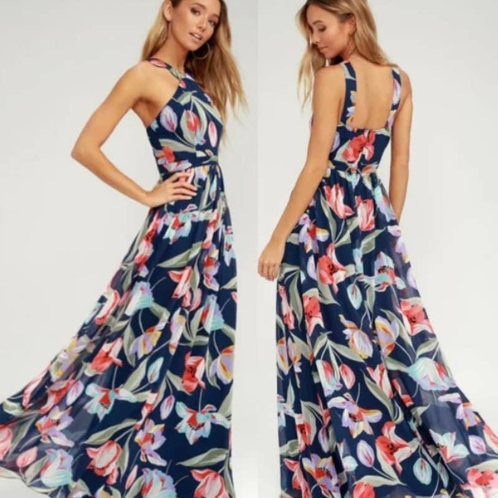Lulu's Navy Floral Maxi Dress with Pink, Coral & Green Print